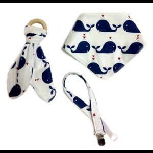 bib, teether, pacifier clip 3 piece baby set